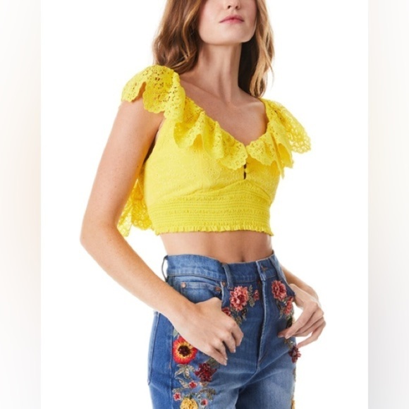 NWT! Alice + Olivia Bleeker Ruffled Lace Crop Top Sunbeam Yellow Smocked🌼 XS - Picture 7 of 16